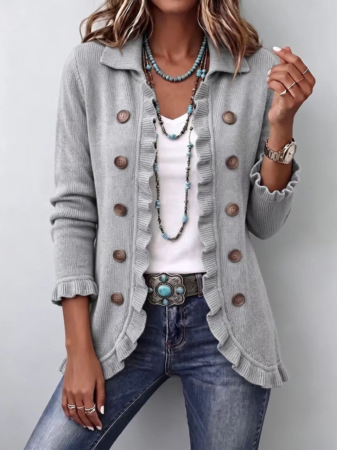 Teodora | Rippstrickjacke in Grau meliert mit Rüschen
