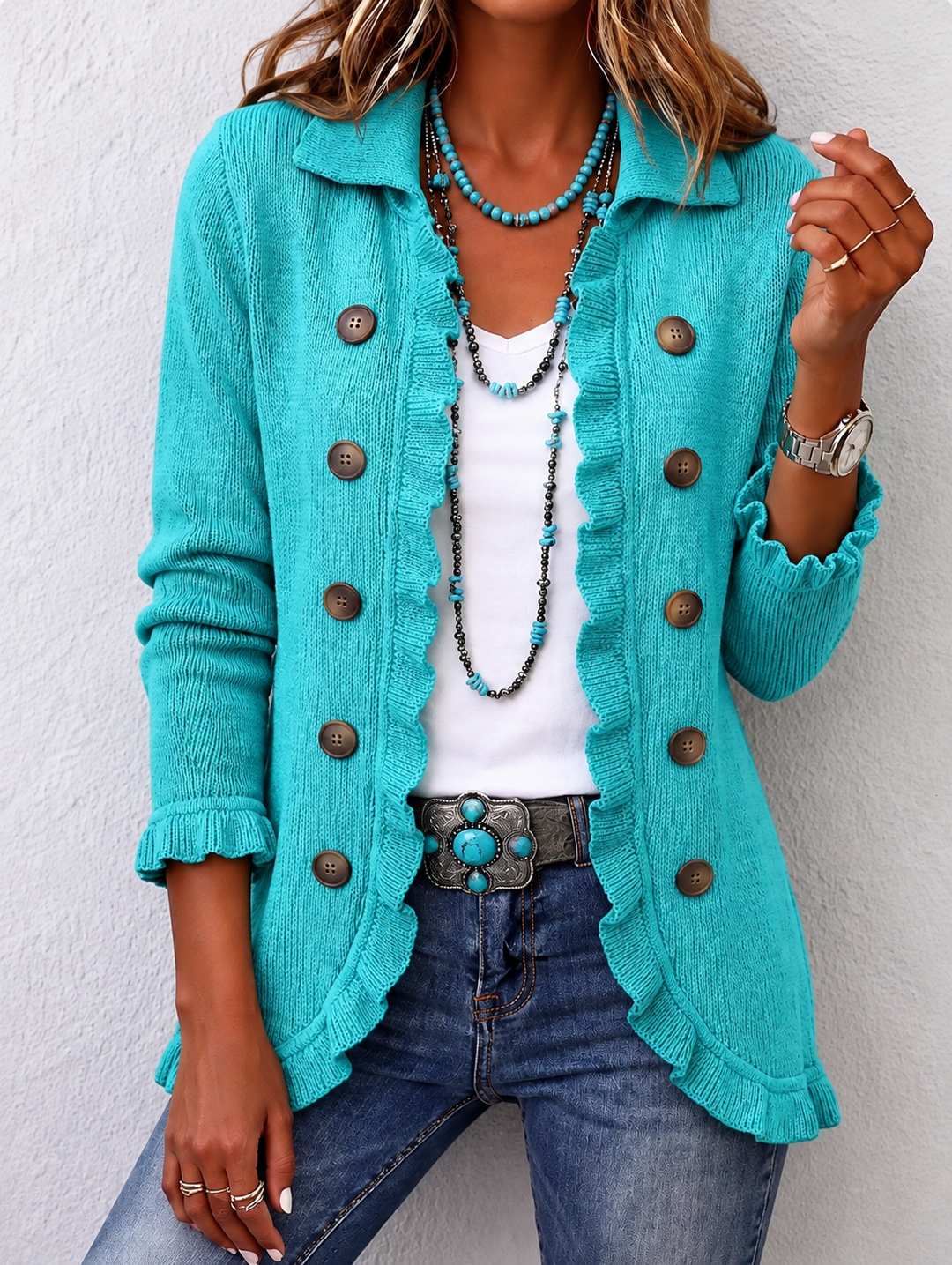 Silvana | Rippstrickjacke in Türkis mit Rüschen