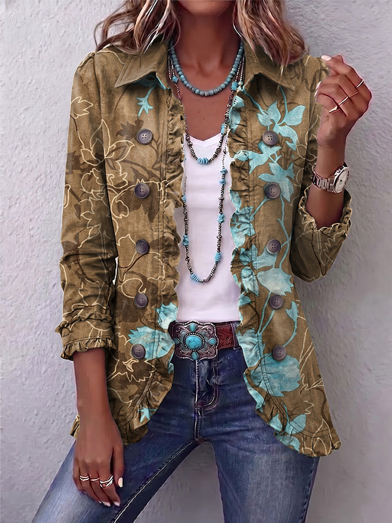 Jutta™ | Blazer in Oliv mit Türkis-Blüten