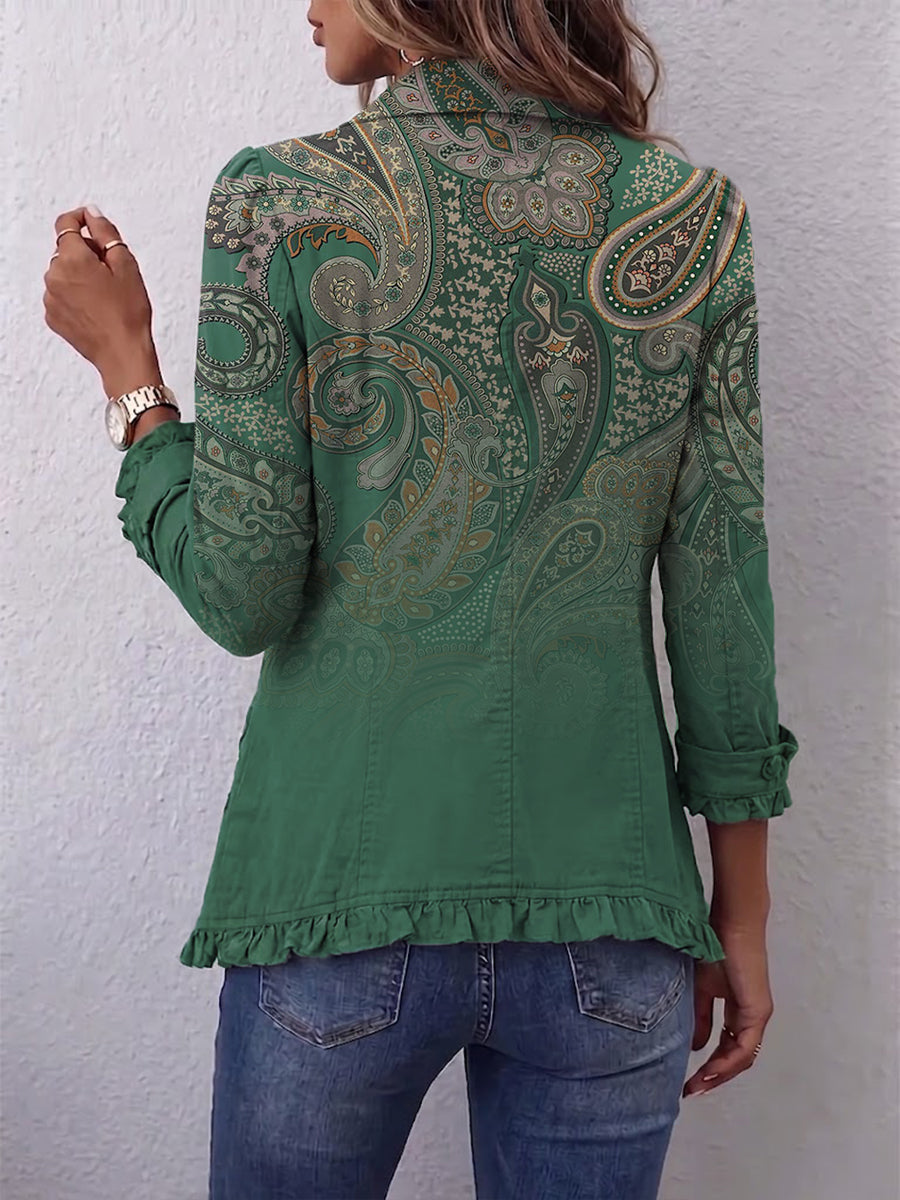 Costanza | Grüne Boho-Paisley-Jacke mit Rüschen