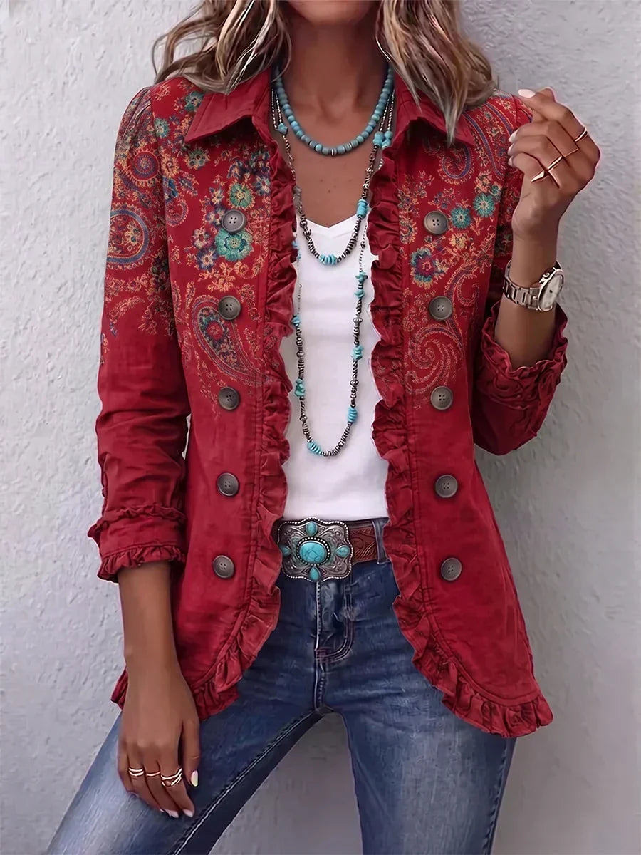 Carlotta | Rote Boho-Paisley-Jacke mit Rüschen