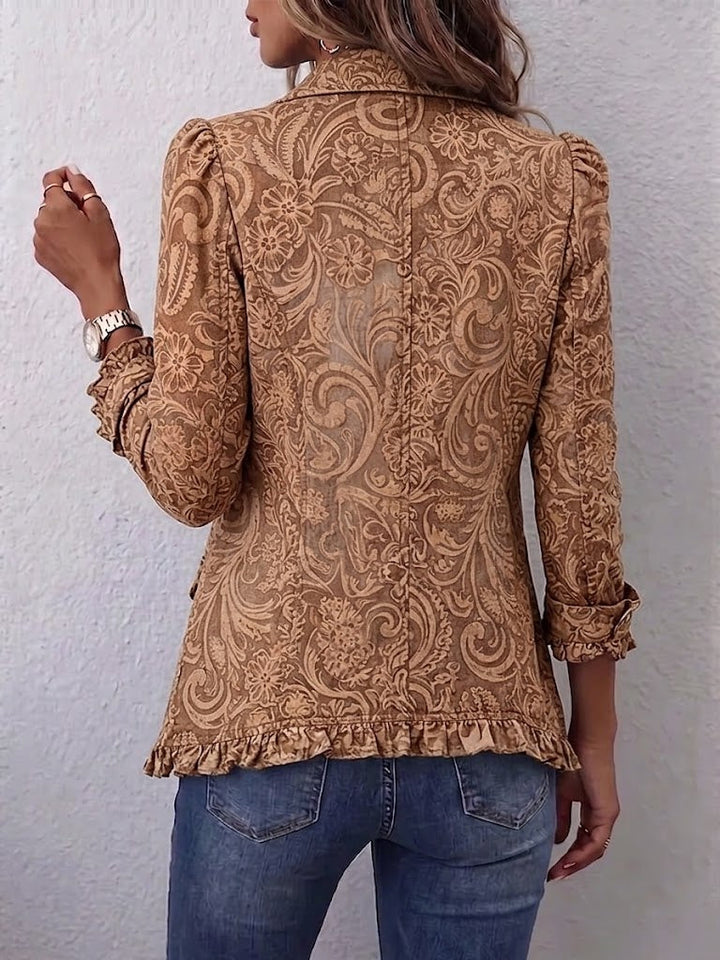 Noemi | Geblümte Vintage-Boho-Jacke in Braun mit Rüschen