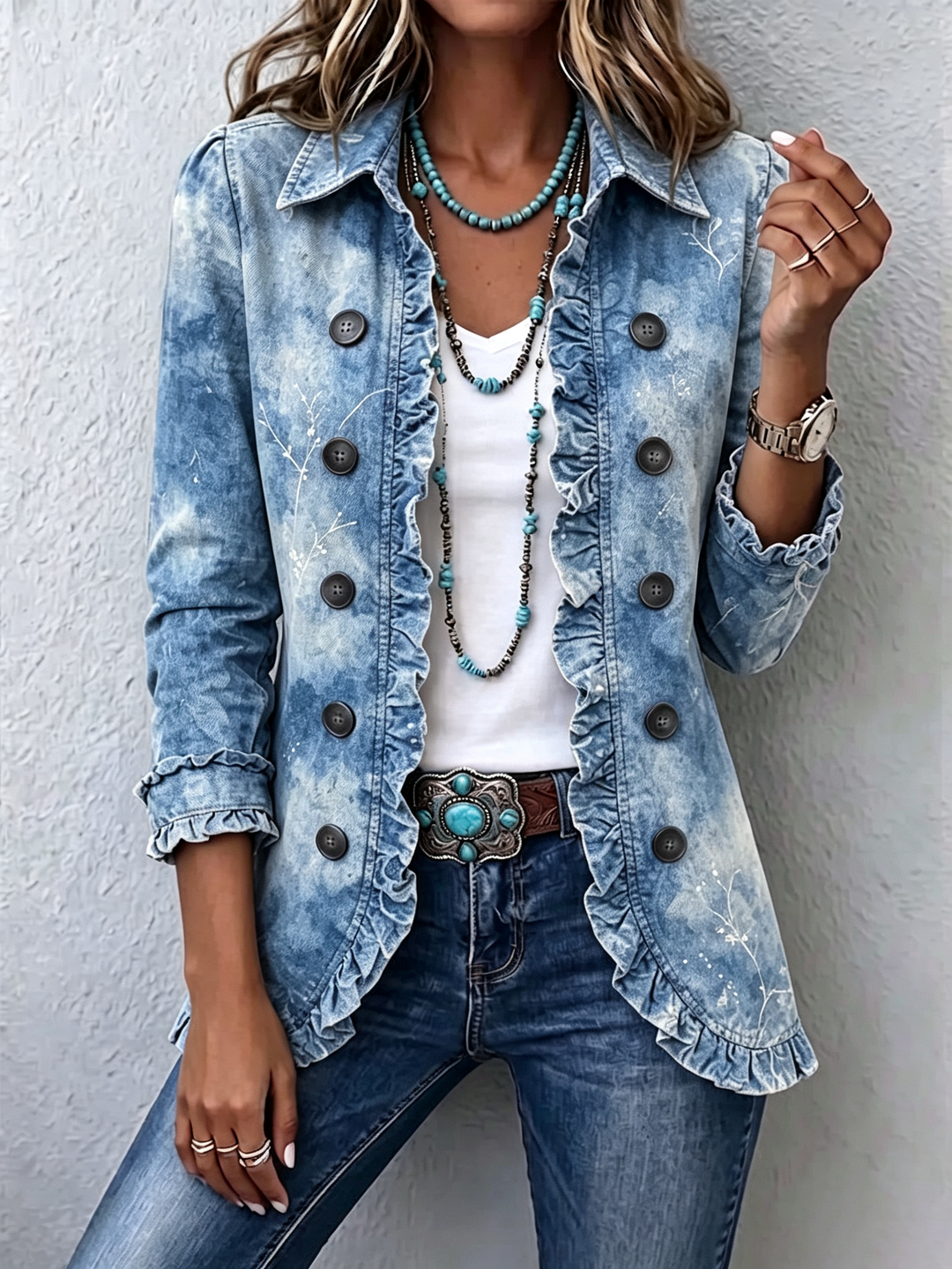 Ginevra | Boho-Jacke mit botanischem Print in Blau und Rüschen