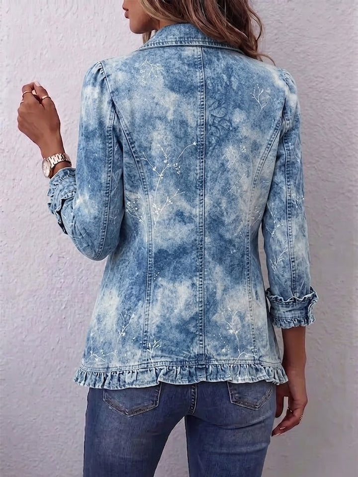 Ginevra | Boho-Jacke mit botanischem Print in Blau und Rüschen