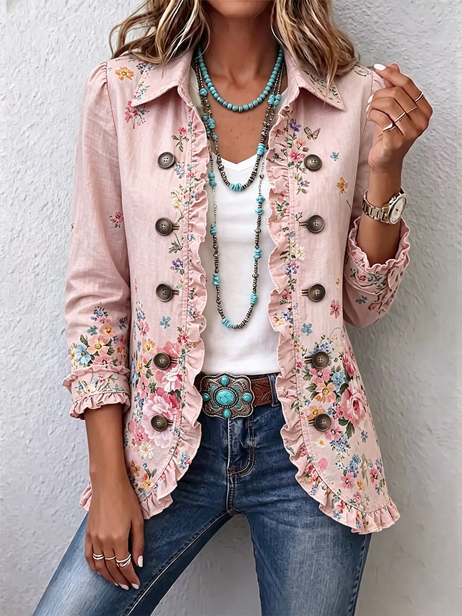 Martina | Geblümte Jacke in Rosa mit Rüschen und Knöpfen