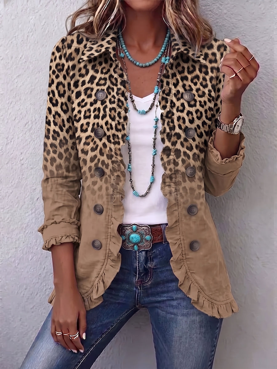 Corinna | Vintage-Jacke mit Leopardenprint in Camel und Rüschen