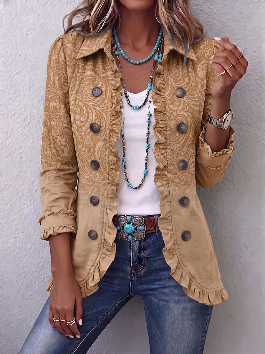 Chiara | Western-Jacke mit Print in Khaki und Rüschen